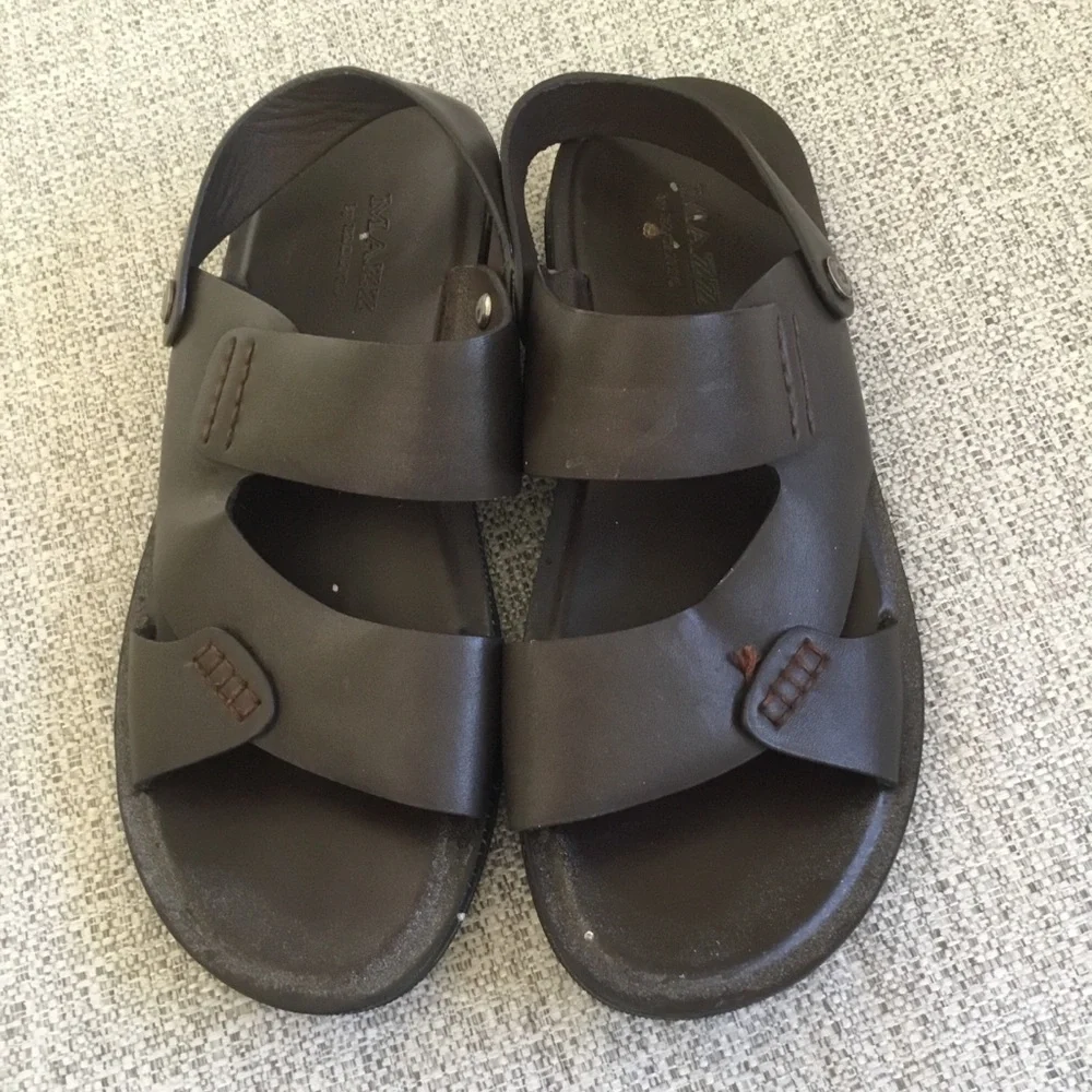 Mazz Men's Brown Leather Adjustable Slide Sandals